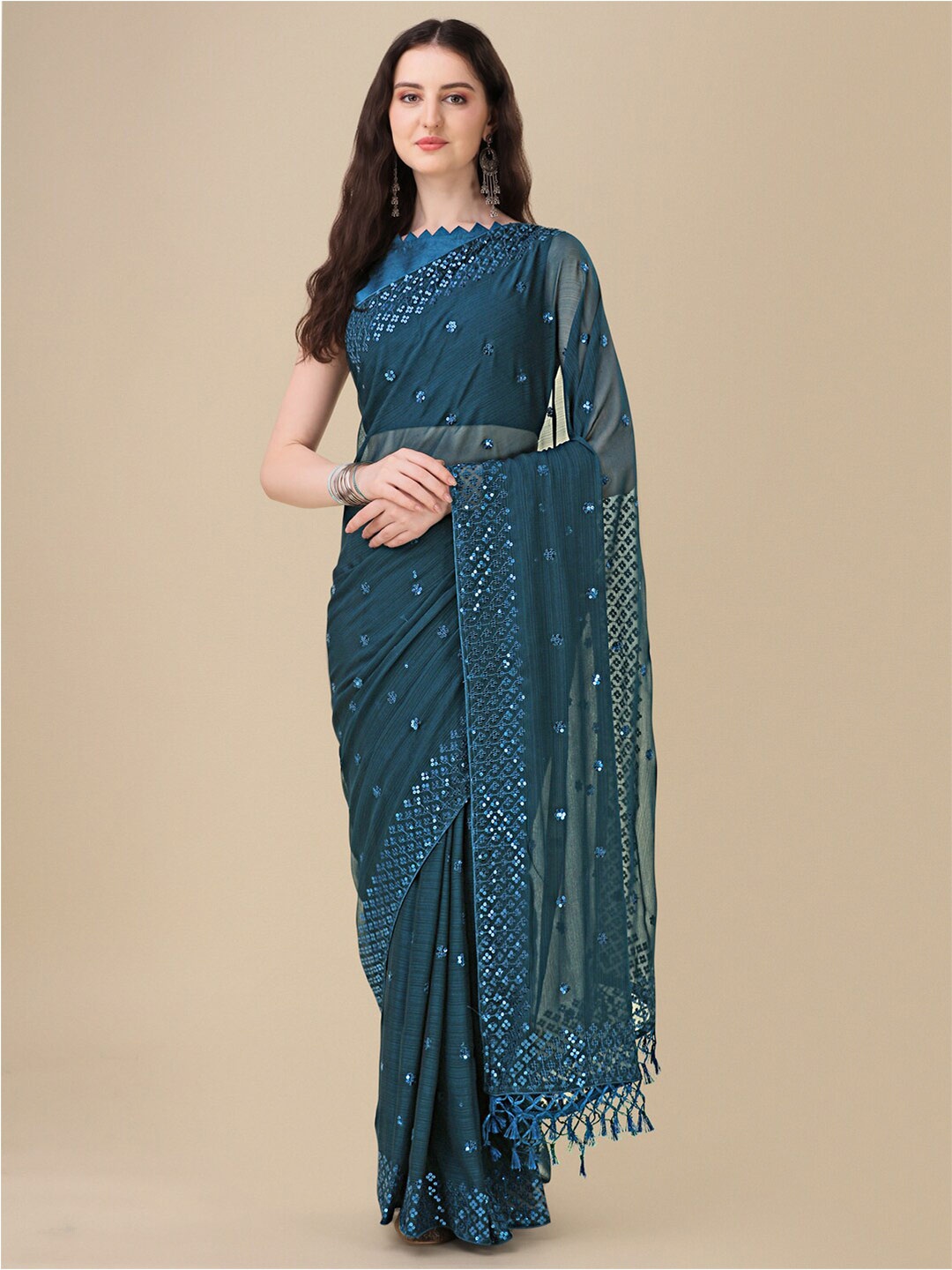

Mitera Teal Embellished Sequinned Pure Georgette Saree