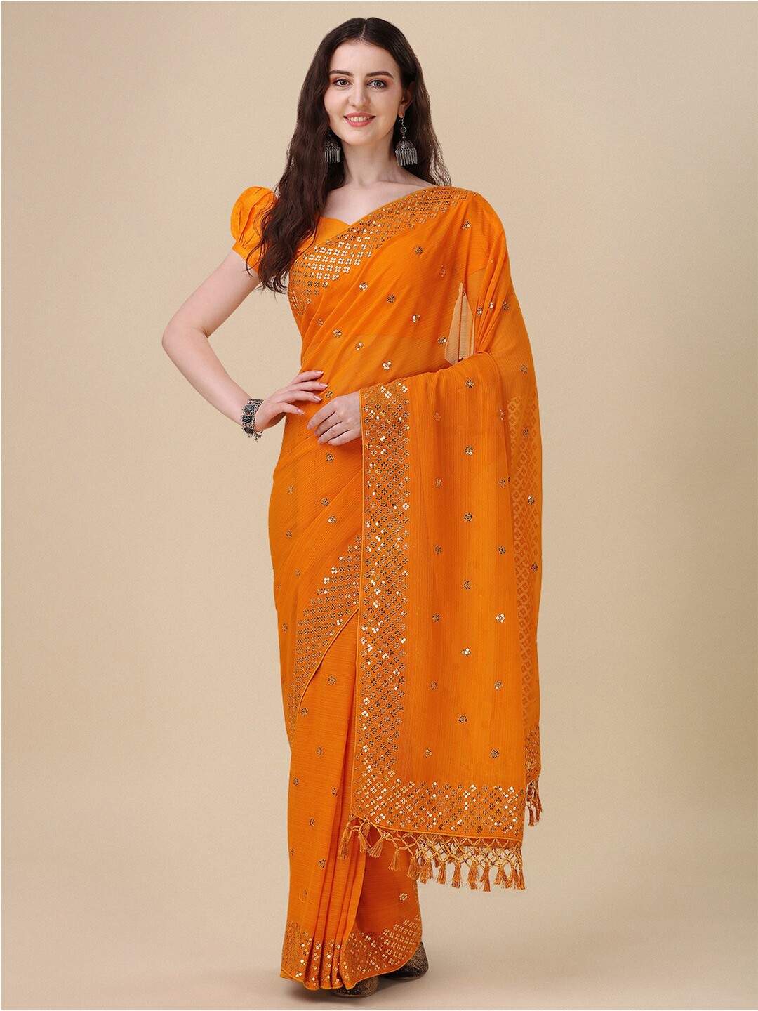 

Mitera Yellow & Gold-Toned Embellished Sequinned Pure Georgette Saree
