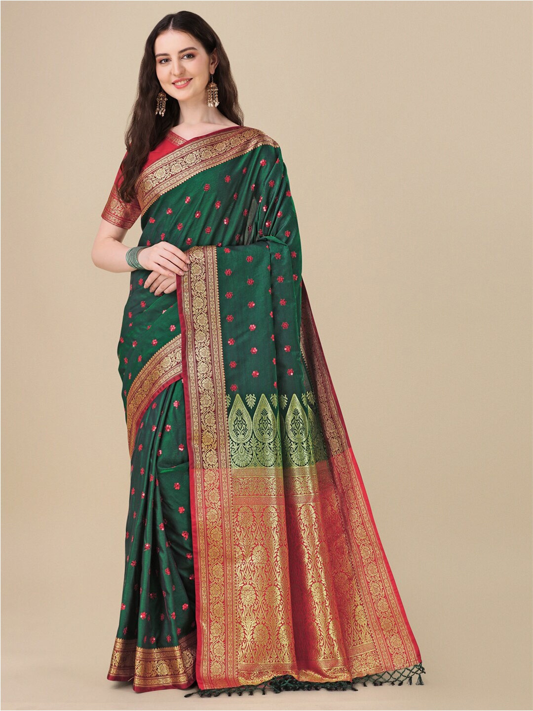 

Mitera Green & Red Embellished Zari Pure Silk Saree