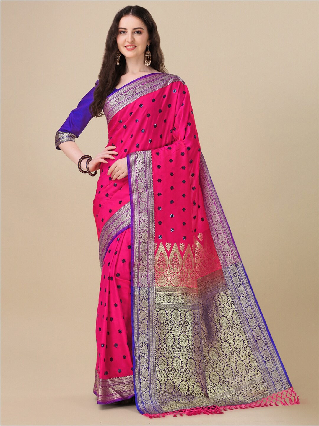 

Mitera Pink & Blue Woven Design Zari Pure Silk Saree