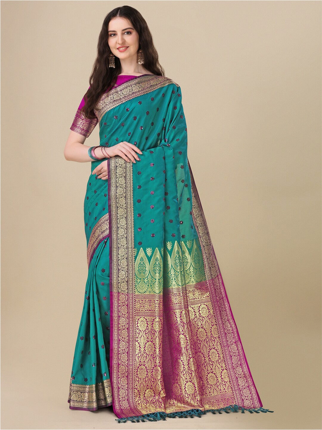 

Mitera Turquoise Blue & Purple Woven Design Zari Pure Silk Saree