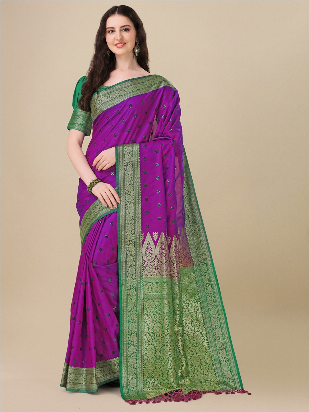 

Mitera Violet & Green Woven Design Zari Pure Silk Saree