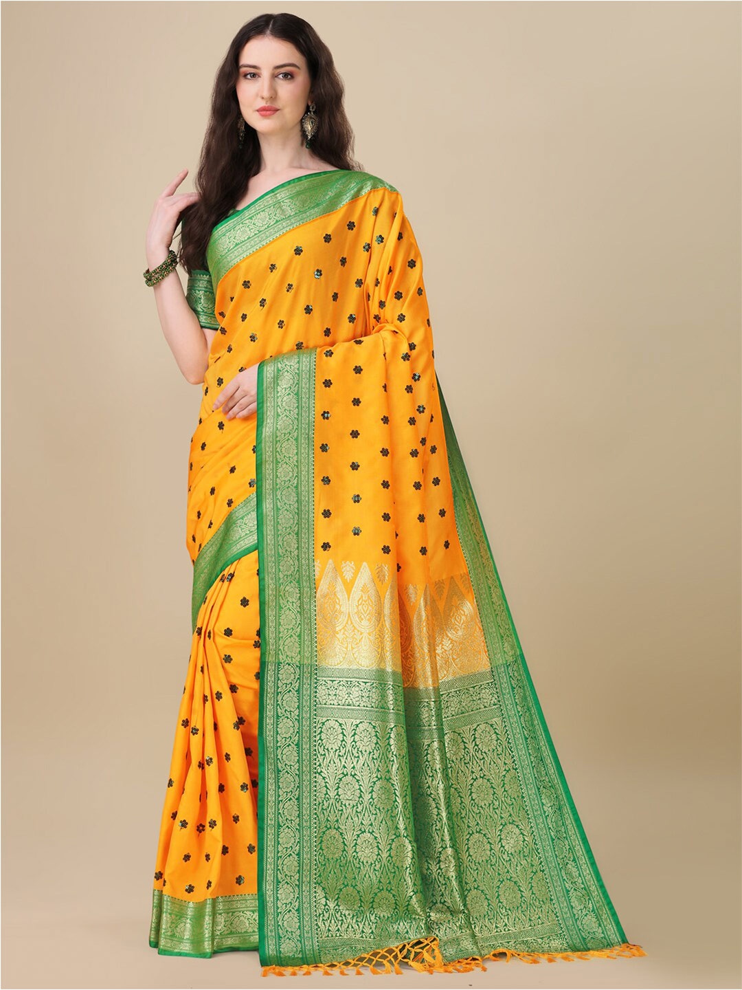 

Mitera Yellow & Green Woven Design Zari Pure Silk Saree