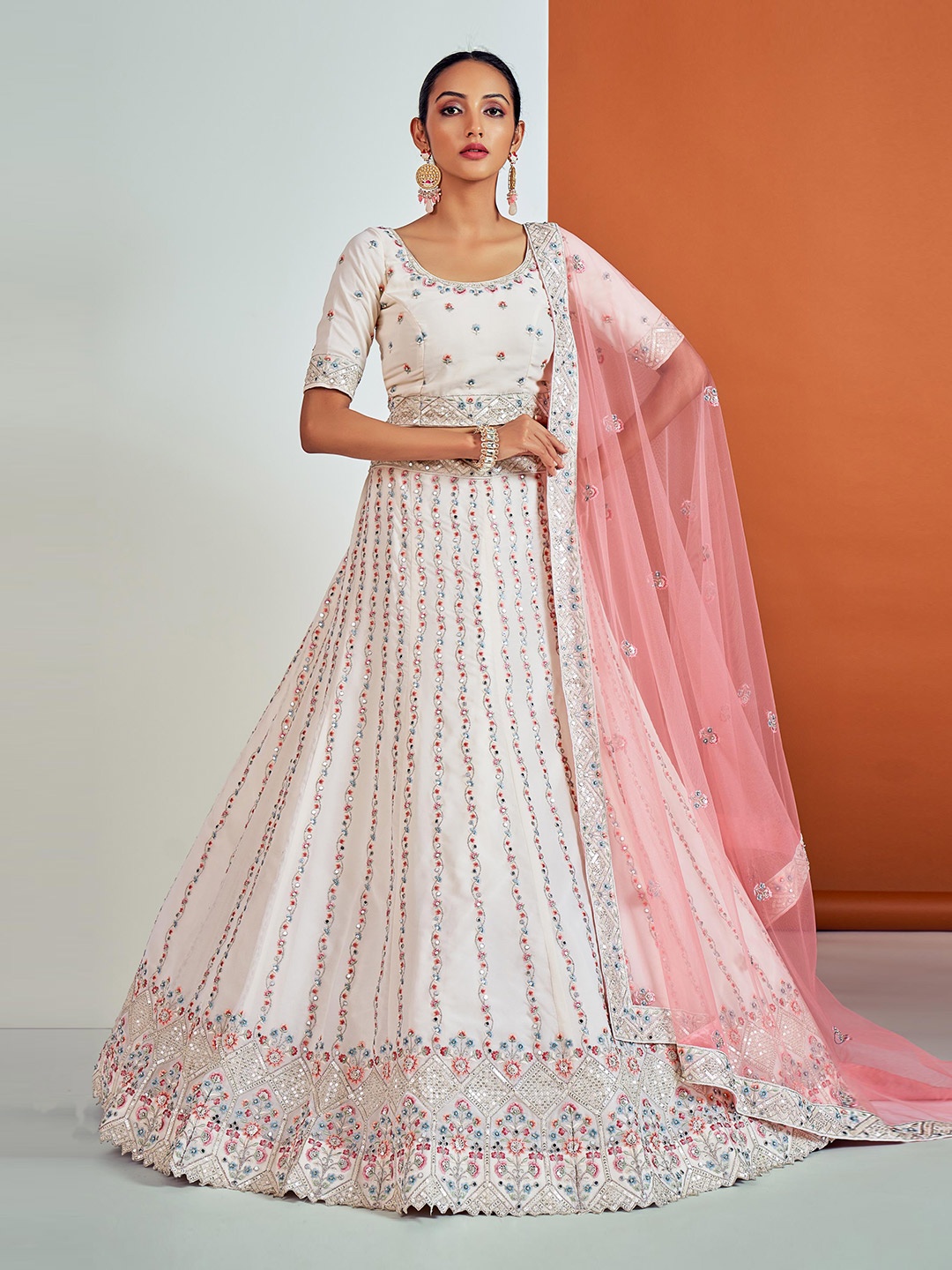 

Fusionic Embroidered Sequin Work Semi-Stitched Lehenga With Unstitched Blouse & Dupatta, White