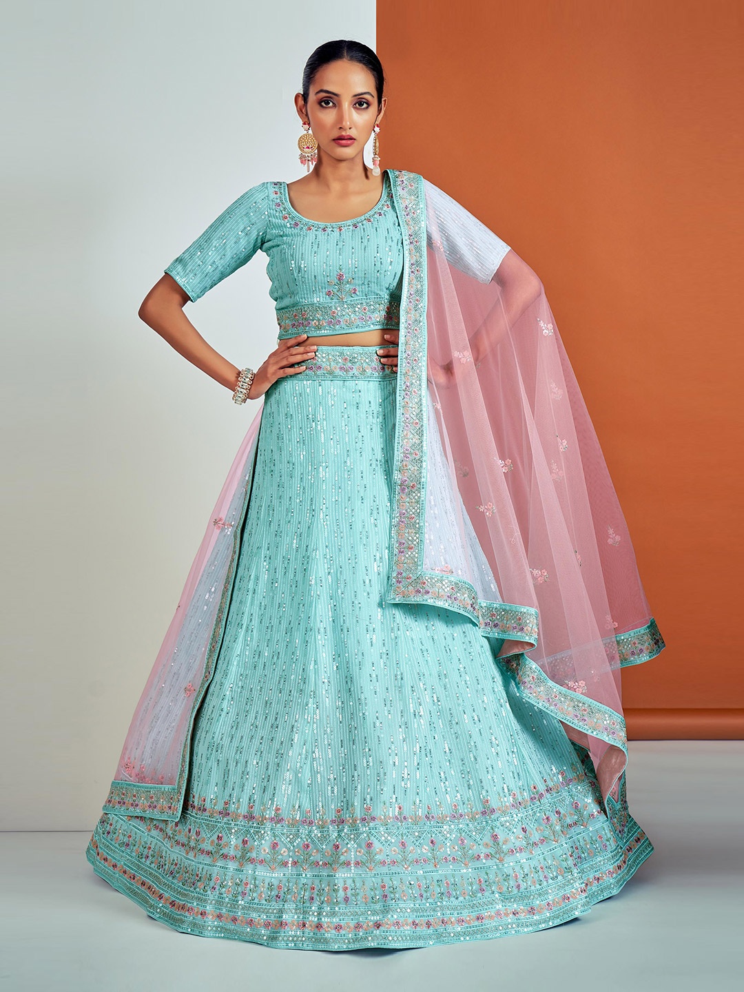 

Fusionic Embroidered Sequin Work Semi-Stitched Lehenga With Unstitched Blouse & Dupatta, Turquoise blue