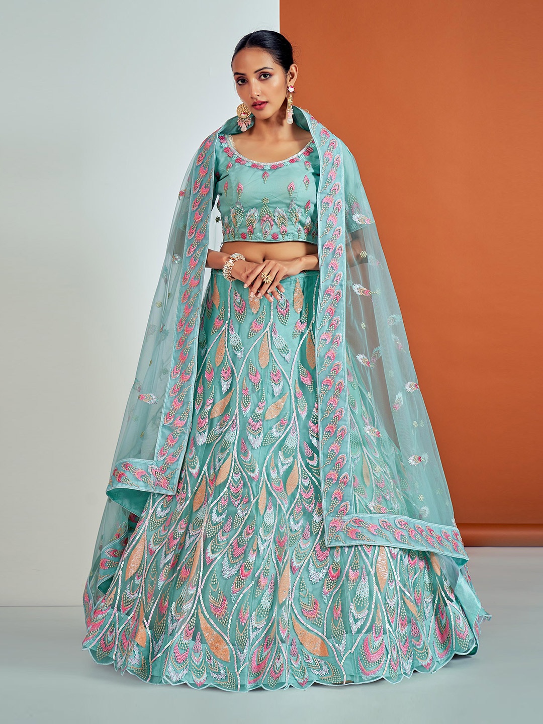 

Fusionic Embroidered Sequinned Semi-Stitched Lehenga With Unstitched Blouse & Dupatta, Turquoise blue