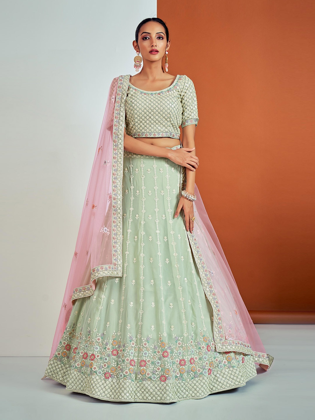

Fusionic Embroidered Sequined Work Semi-Stitched Lehenga With Unstitched Blouse & Dupatta, Green