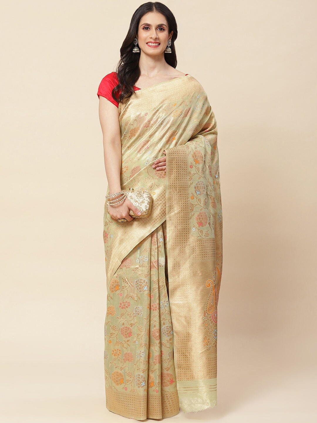 

Meena Bazaar Floral Woven Design Zari Saree, Green