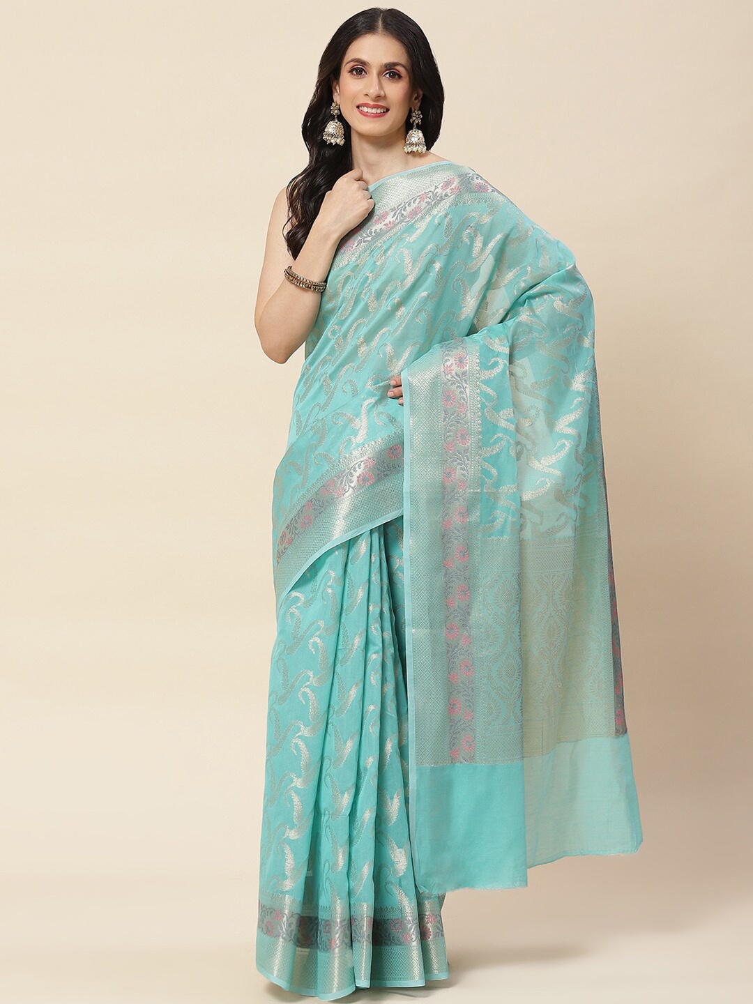 

Meena Bazaar Woven Design Zari Saree, Sea green