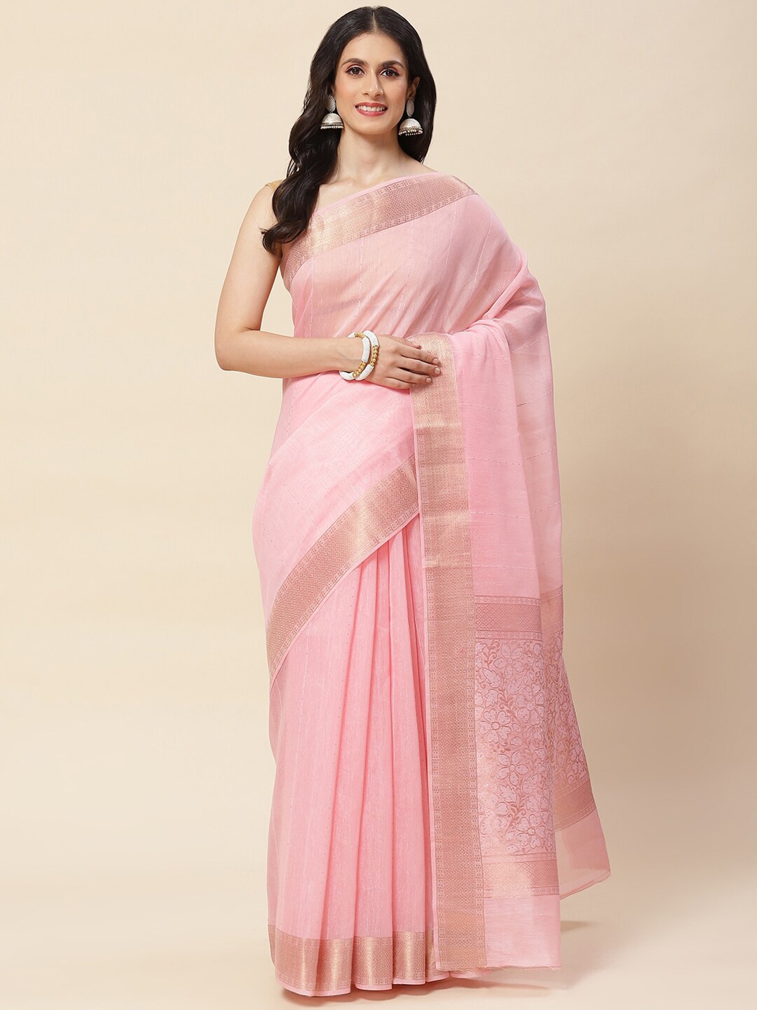 

Meena Bazaar Embellished Zari Saree, Pink