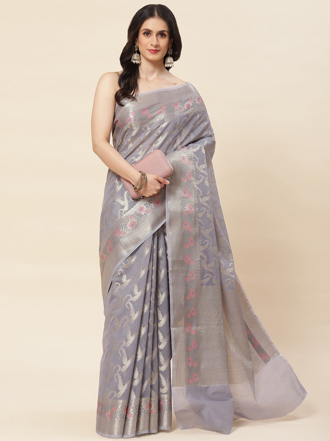 

Meena Bazaar Woven Design Zari Saree, Grey