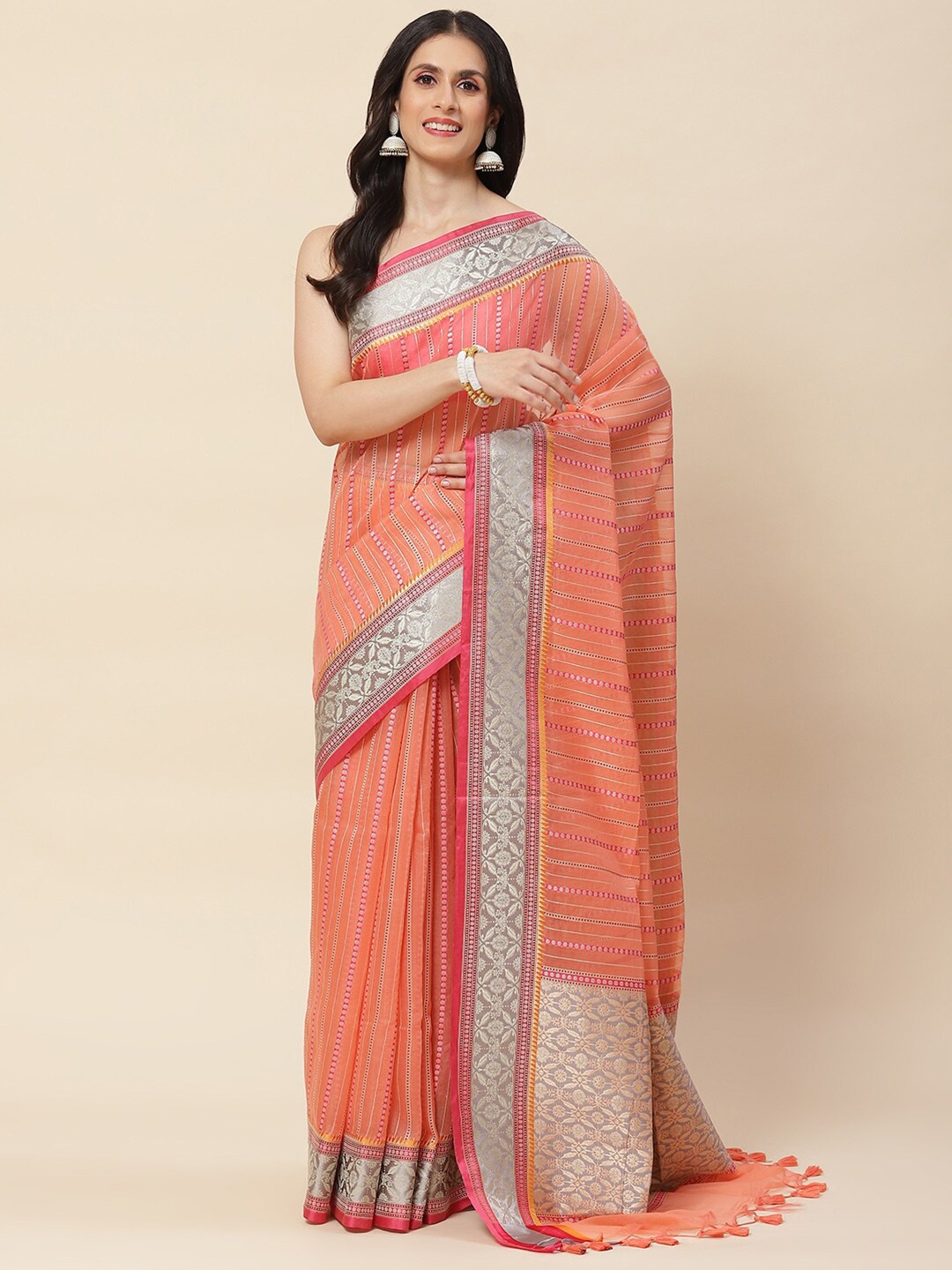 

Meena Bazaar Woven Design Zari Saree, Peach