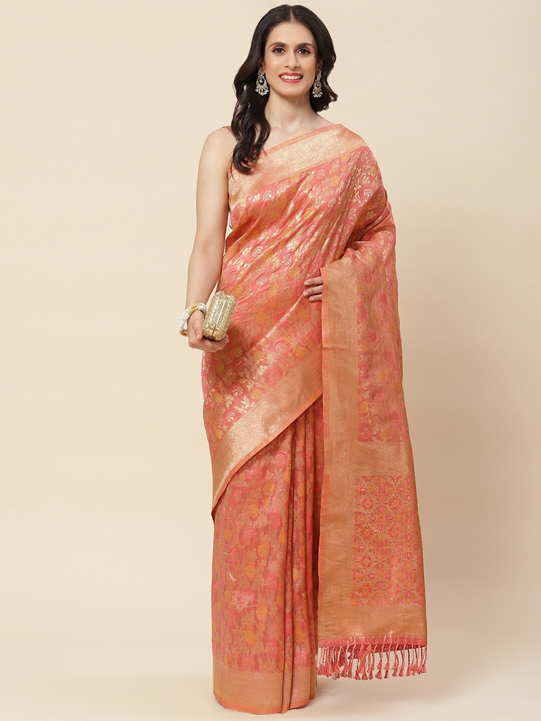 

Meena Bazaar Floral Woven Design Zari Saree, Peach