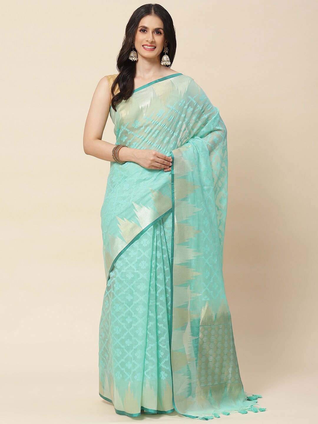 

Meena Bazaar Sea Green & Gold-Toned Woven Design Zari Saree