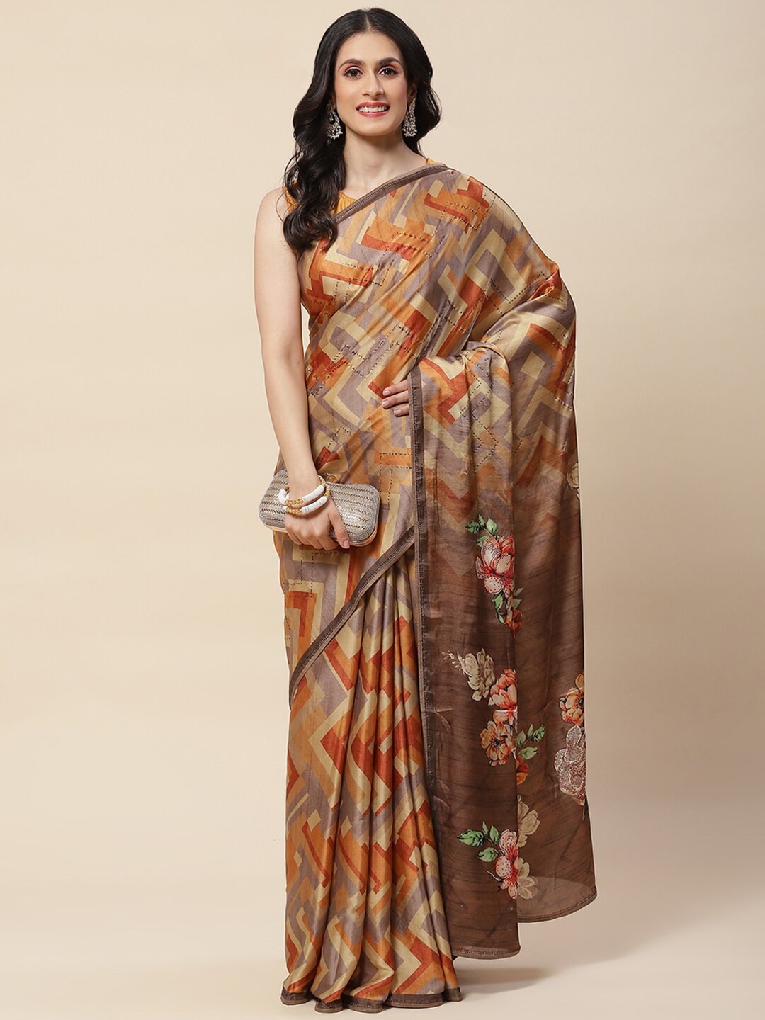 

Meena Bazaar Geometric Printed Satin Saree, Mustard