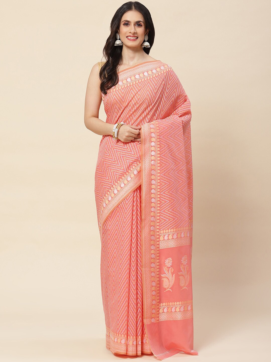 

Meena Bazaar Chevron Woven Design Zari Saree, Pink