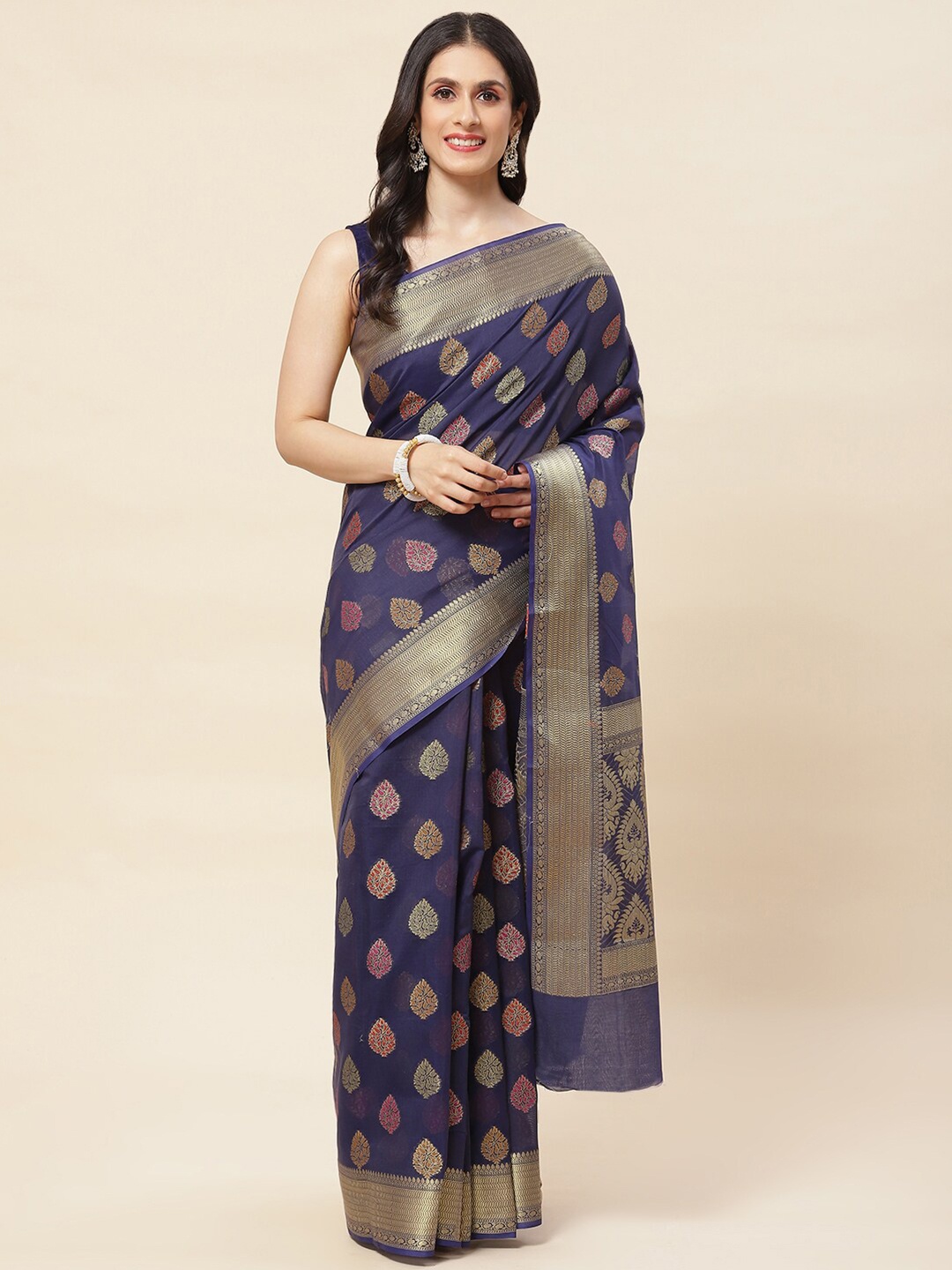 

Meena Bazaar Ethnic Motifs Woven Design Zari Saree, Navy blue