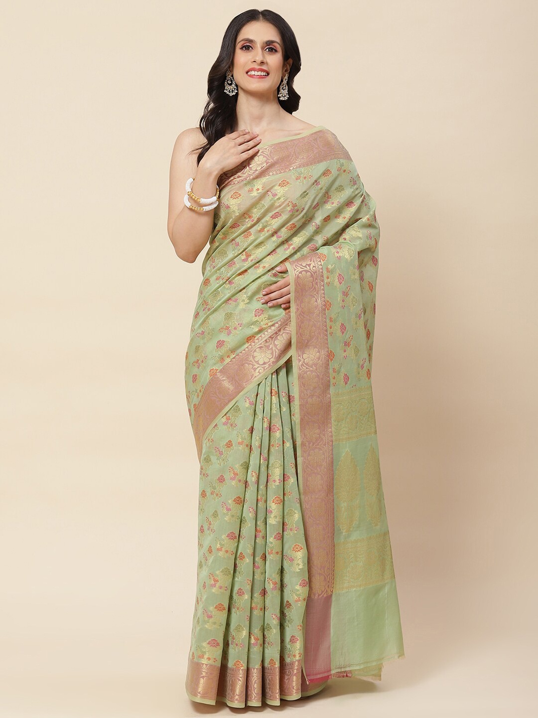 

Meena Bazaar Floral Woven Design Zari Saree, Green