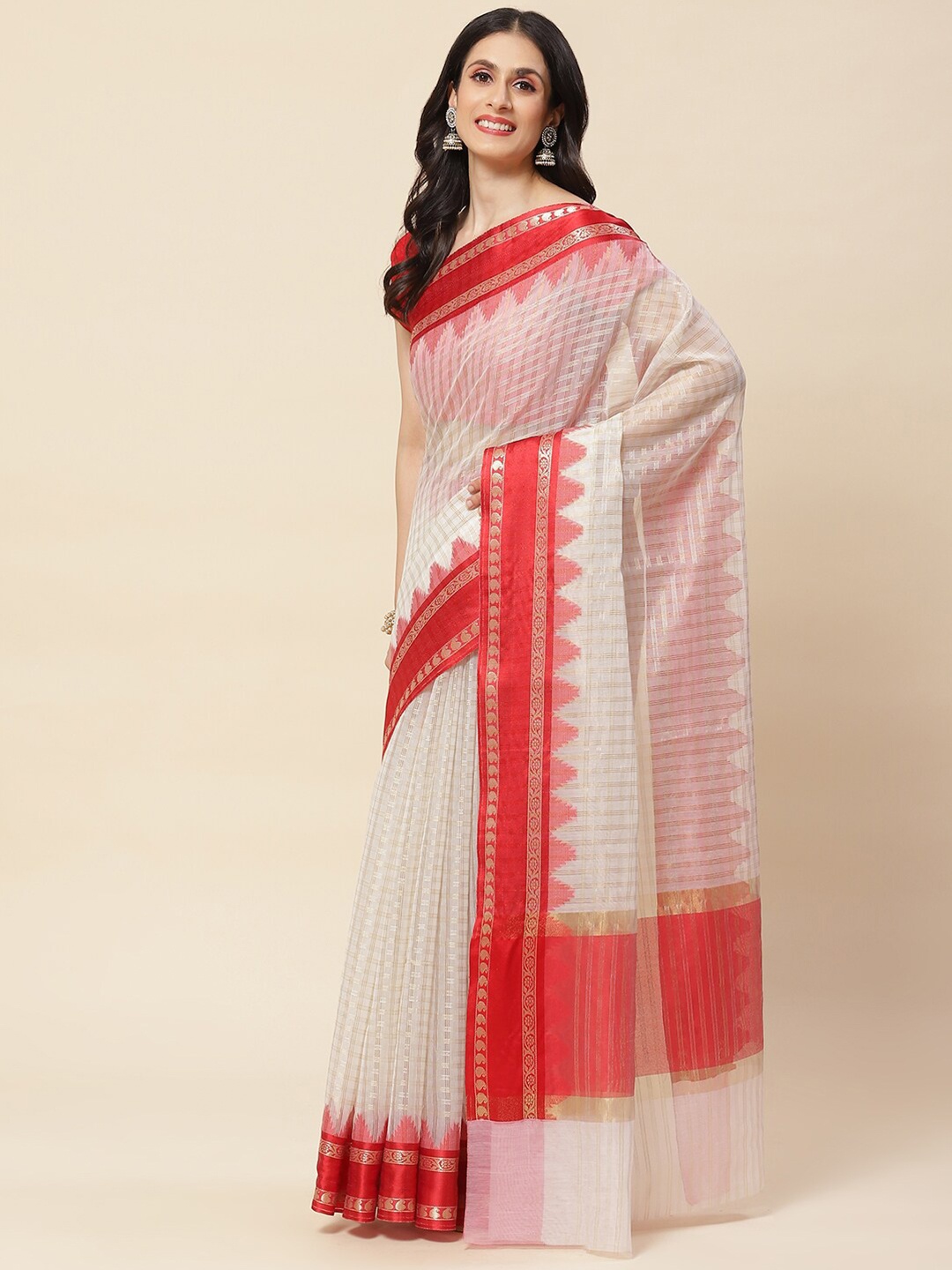 

Meena Bazaar Checked Woven Design Zari Saree, Cream