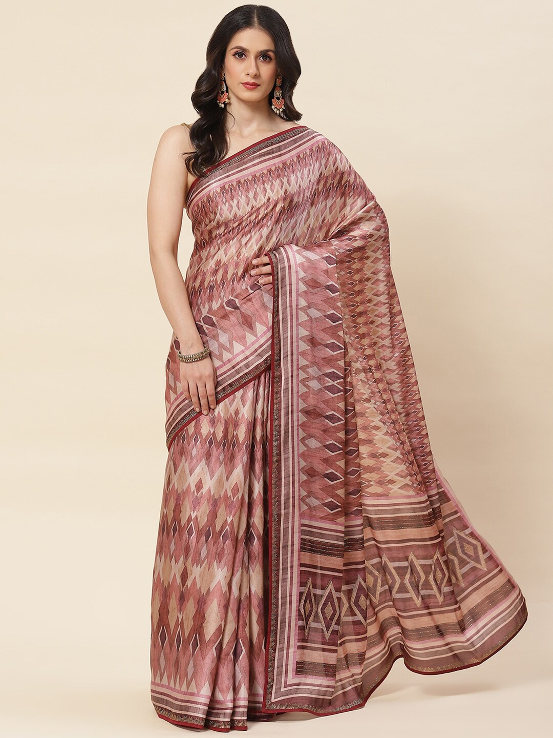 

Meena Bazaar Geometric Printed Satin Saree, Brown