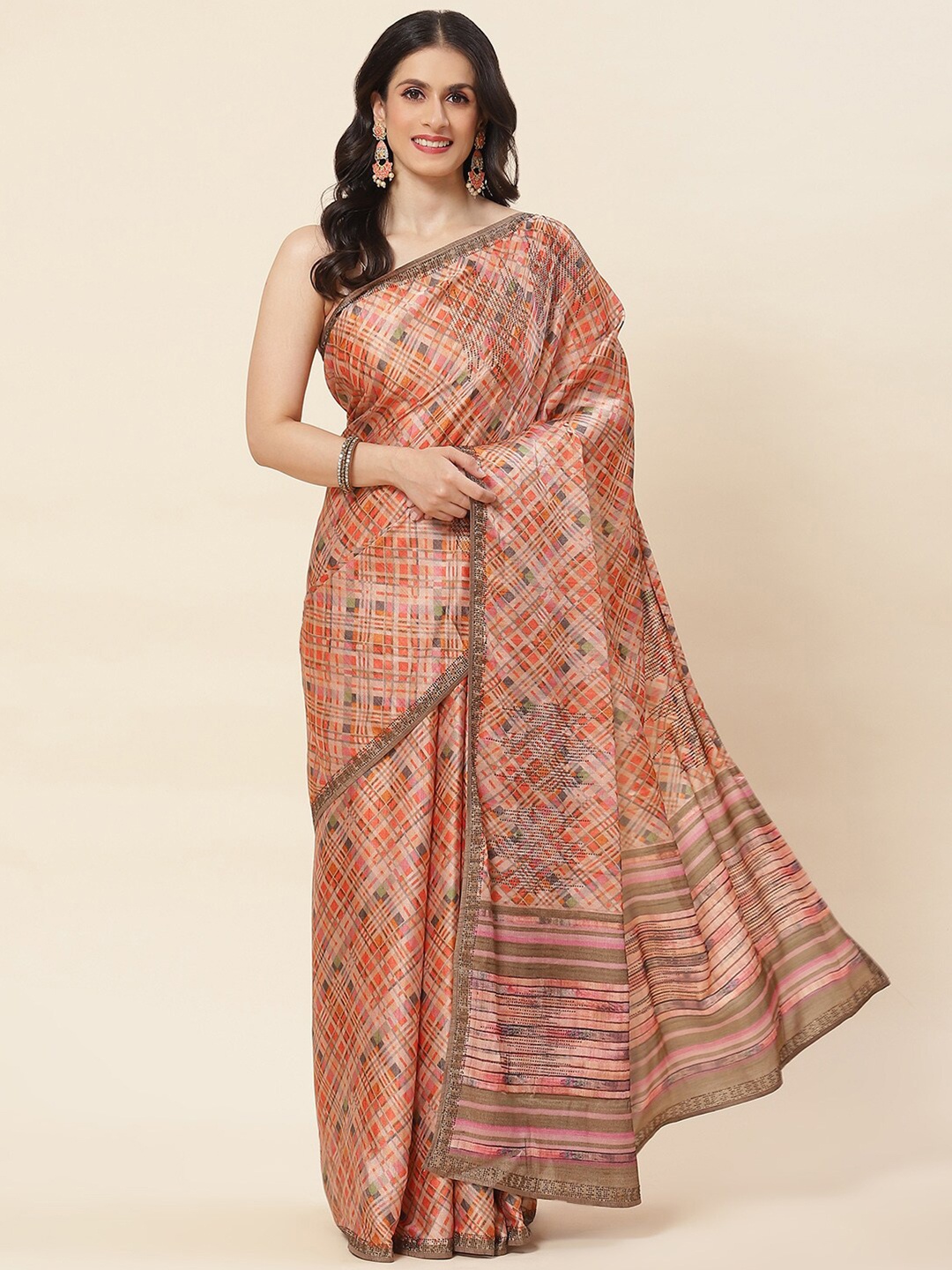 

Meena Bazaar Checked Printed Satin Saree, Peach