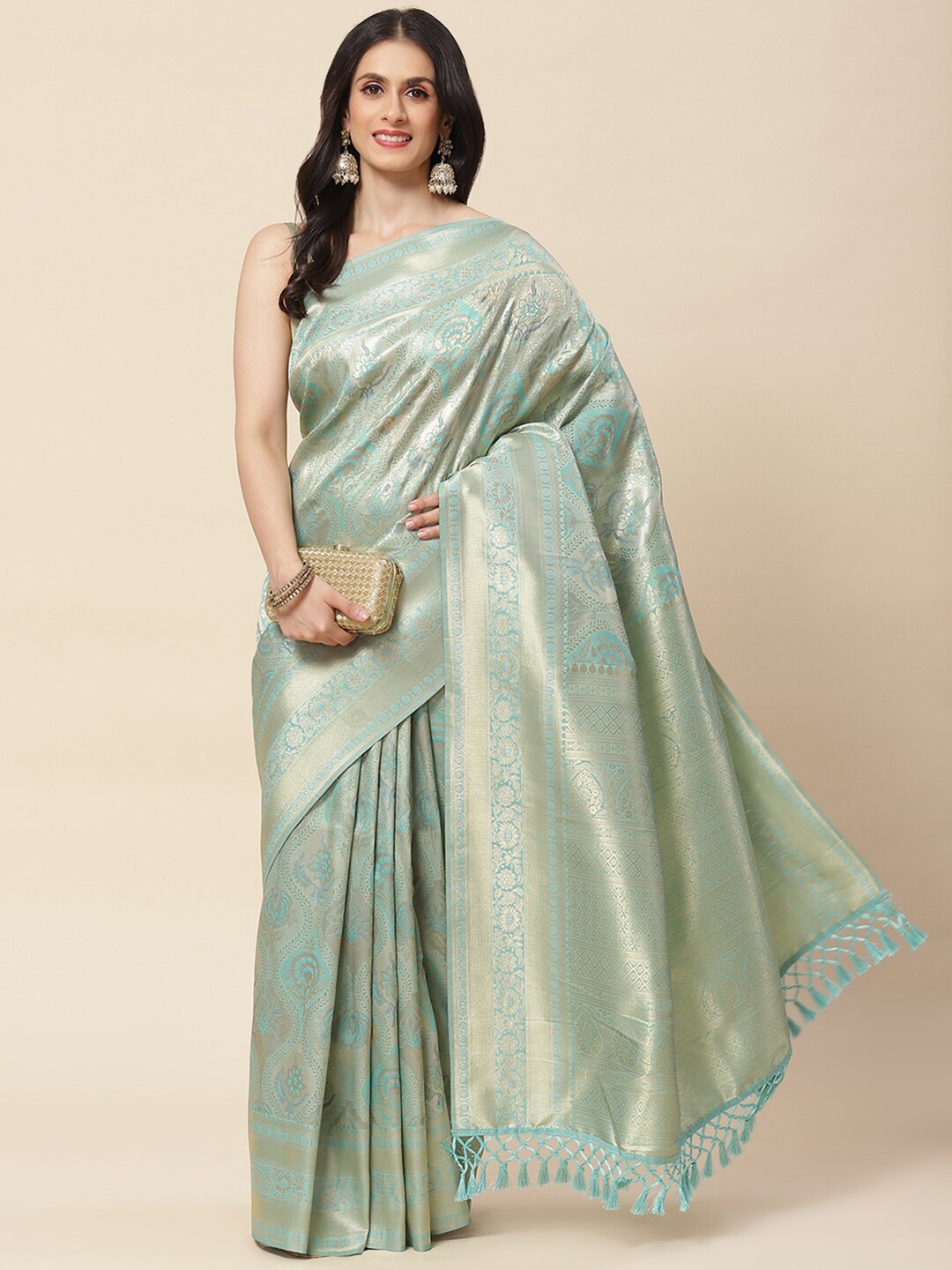 

Meena Bazaar Floral Woven Design Zari Banarasi Saree, Sea green