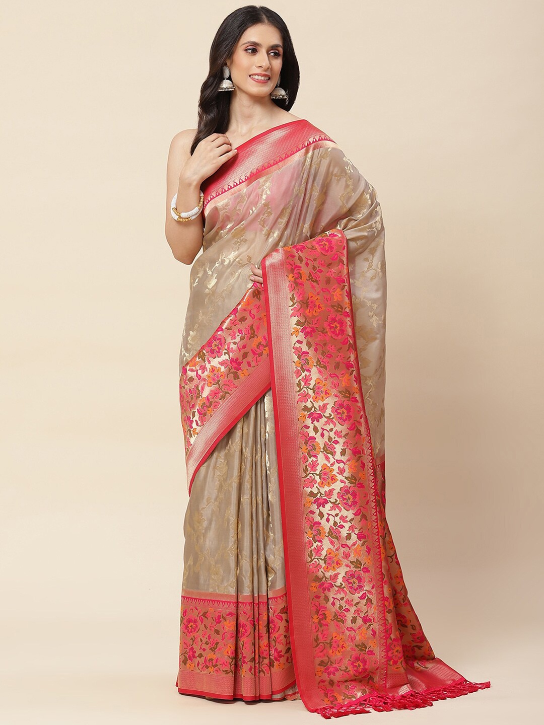 

Meena Bazaar Floral Woven Design Zari Organza Saree, Grey