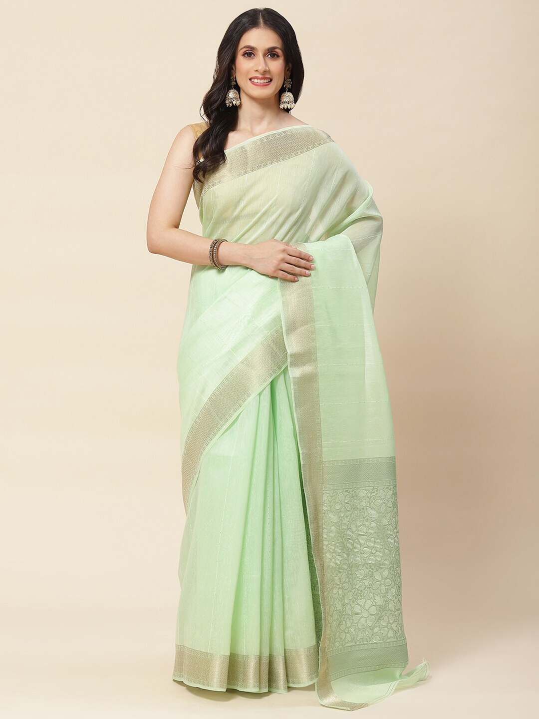 

Meena Bazaar Embellished Zari Saree, Green