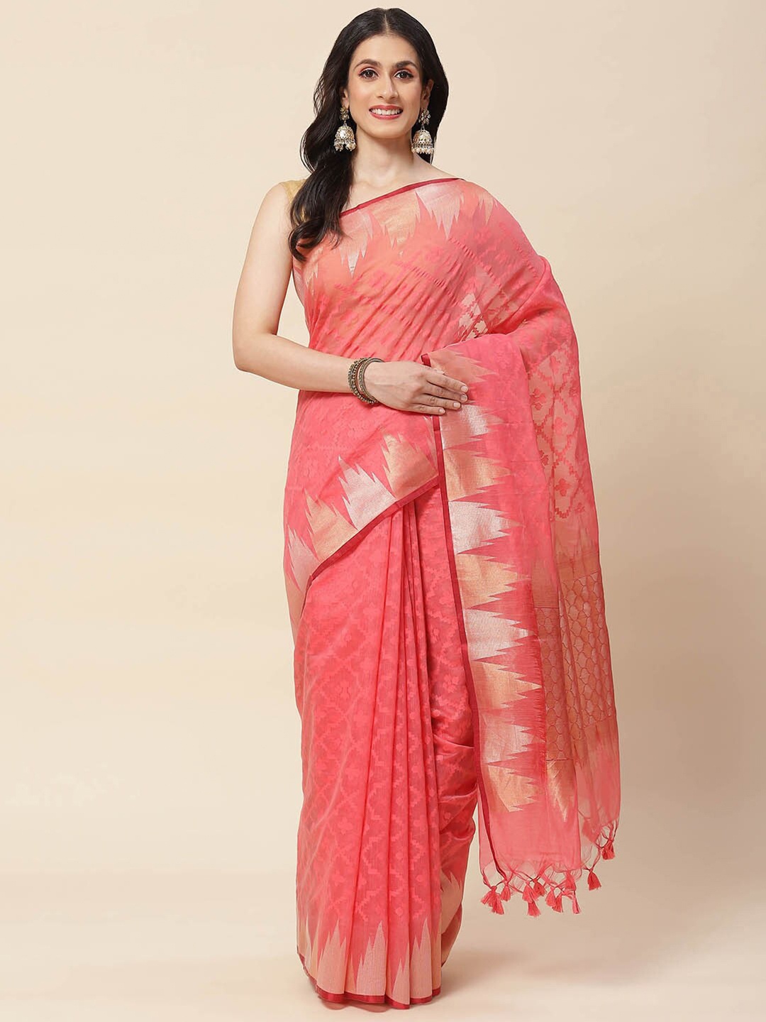 

Meena Bazaar Pink & Gold-Toned Woven Design Zari Saree