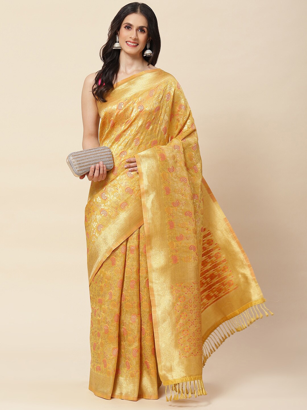 

Meena Bazaar Floral Woven Design Zari Saree, Mustard