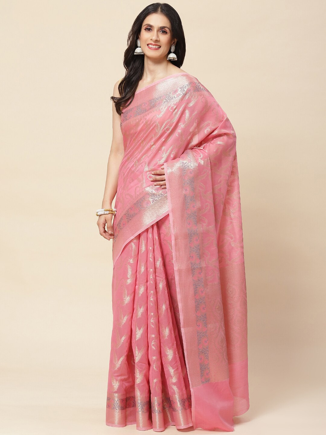 

Meena Bazaar Woven Design Zari Saree, Pink
