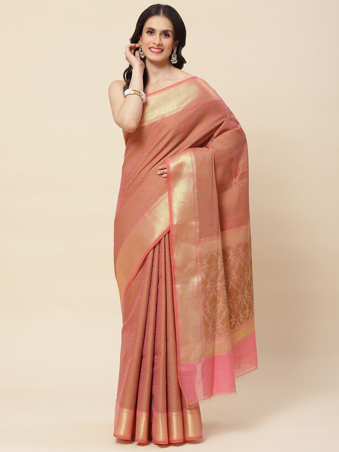 

Meena Bazaar Woven Design Zari Saree, Peach