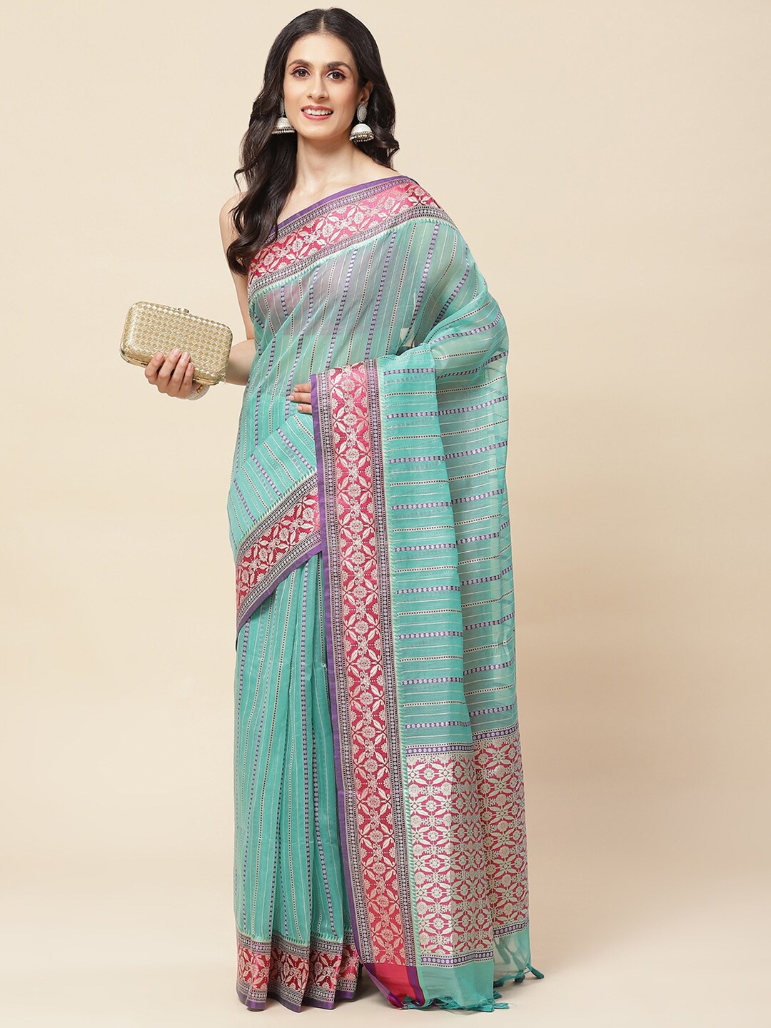 

Meena Bazaar Striped Woven Design Zari Saree, Sea green