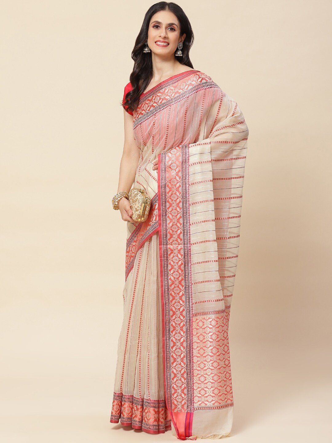 

Meena Bazaar Striped Cotton Blend Zari Saree With Blouse Piece, Cream