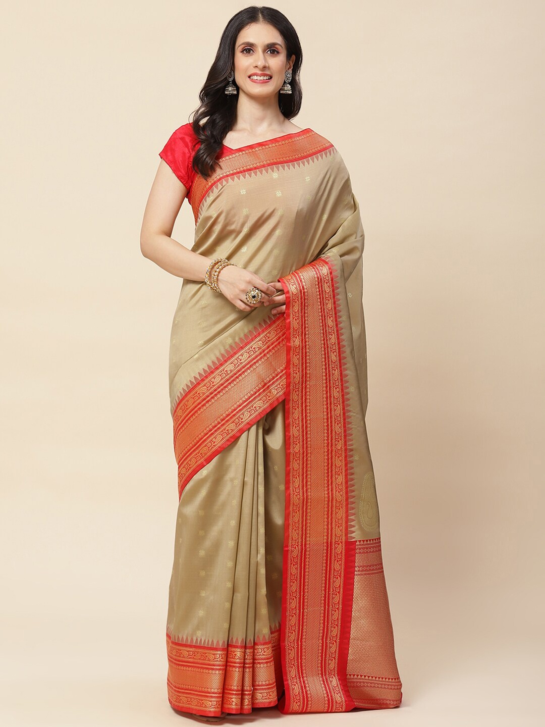 

Meena Bazaar Ethnic Motif Cotton Blend Zari Saree With Blouse Piece, Beige