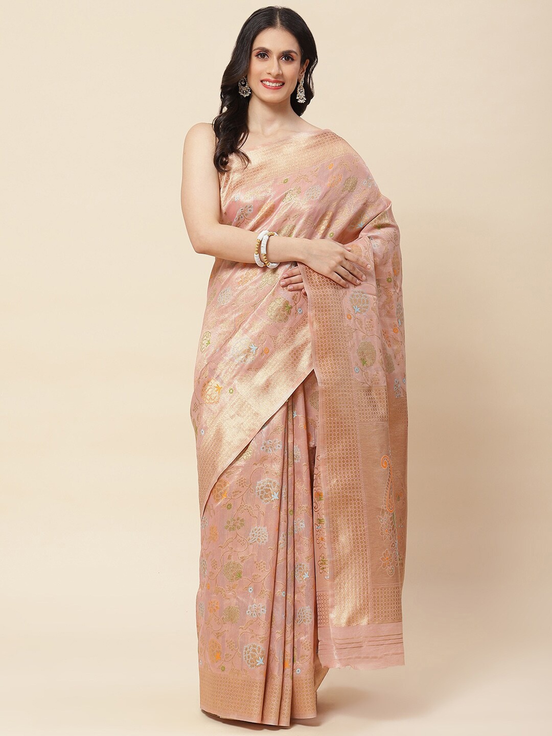 

Meena Bazaar Floral Cotton Blend Zari Saree With Blouse Piece, Pink