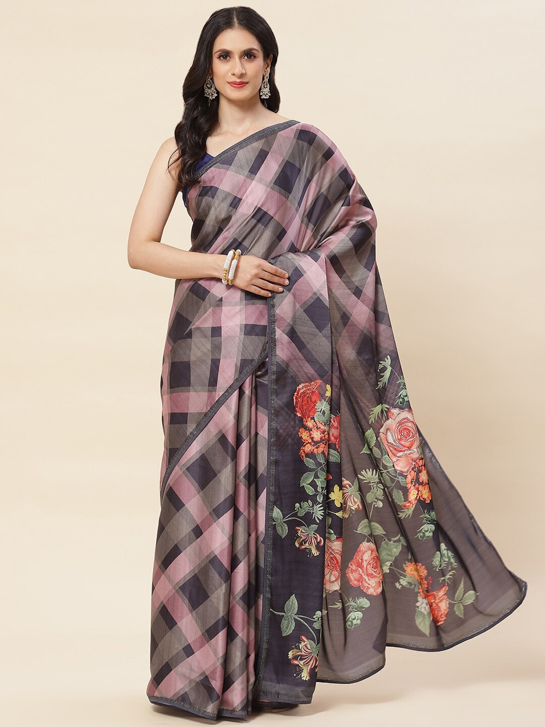 

Meena Bazaar Floral Print Stone Work Satin Saree With Blouse Piece, Grey