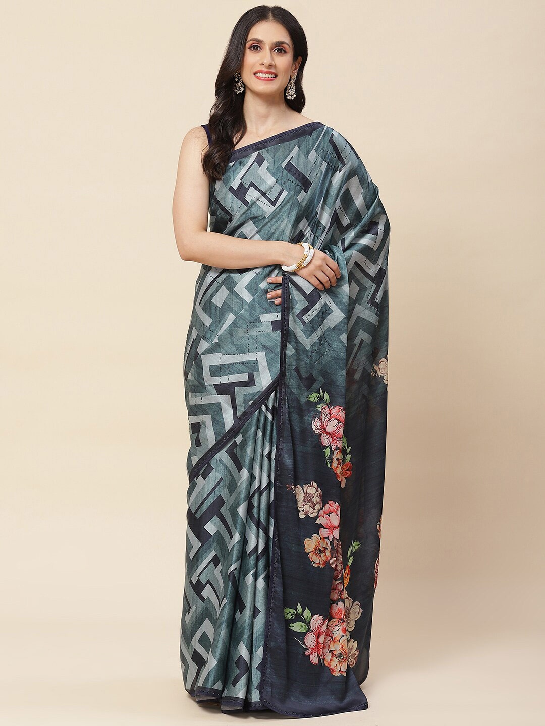 

Meena Bazaar Floral Print Stone Work Satin Saree With Blouse Piece, Blue
