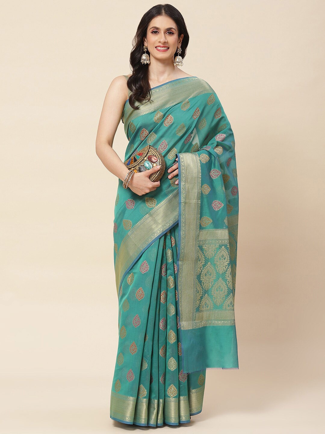 

Meena Bazaar Ethnic Motif Cotton Blend Zari Saree With Blouse Piece, Blue
