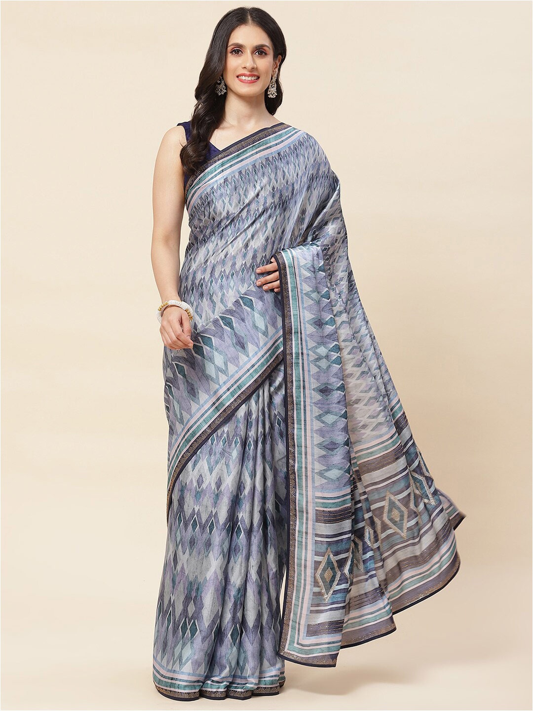 

Meena Bazaar Geometric Print Satin Saree With Blouse Piece, Blue