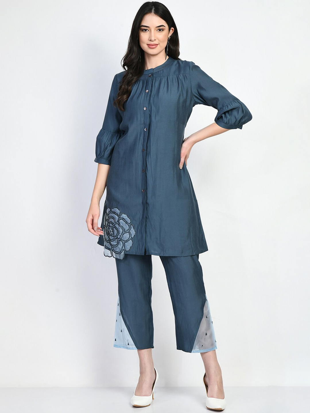 

TBOJ Patch work Pleated A-Line Kurti With Pyjamas, Blue