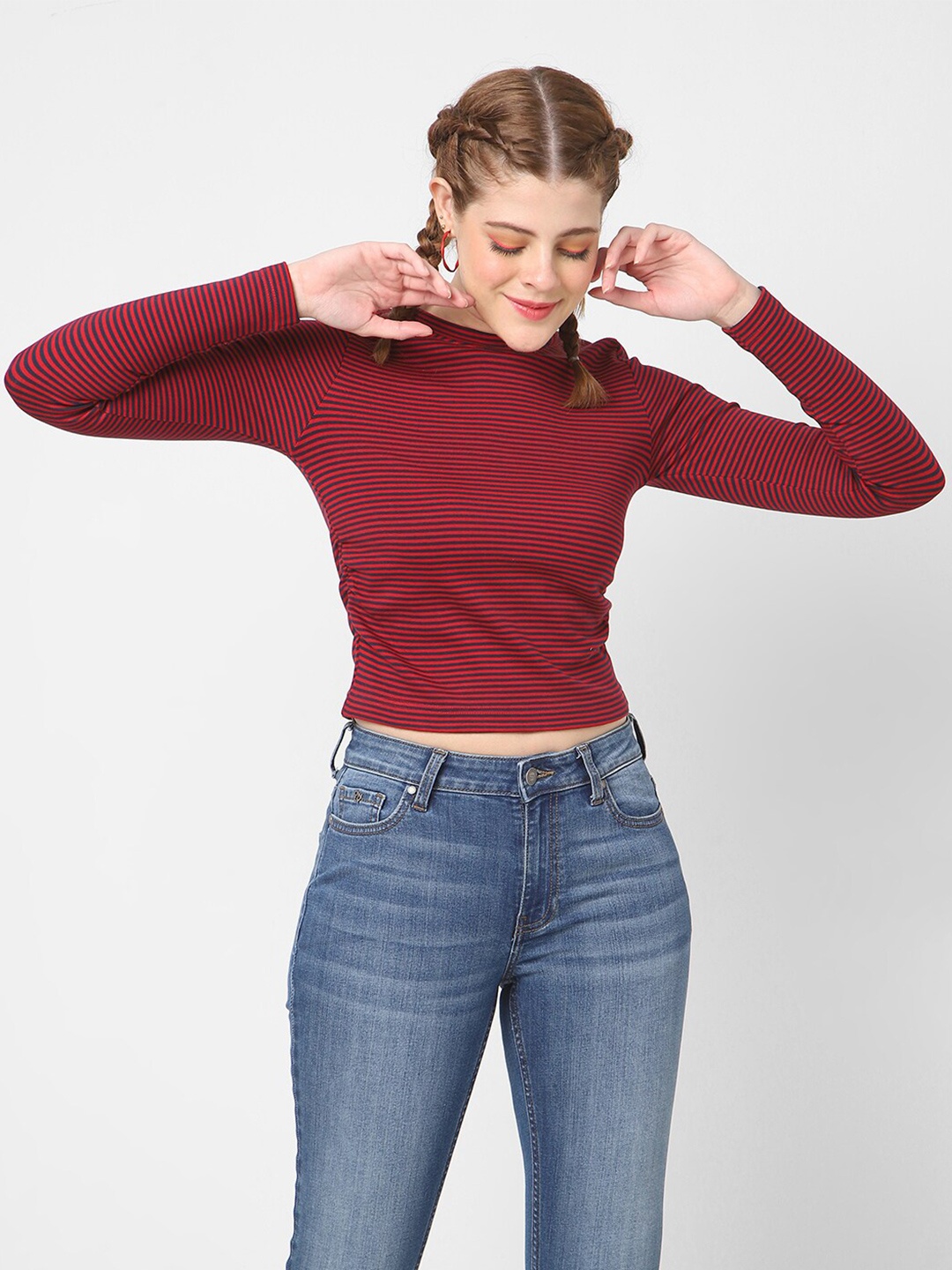 

VASTRADO Striped Long Sleeves Ruched Cotton Crop Top, Red