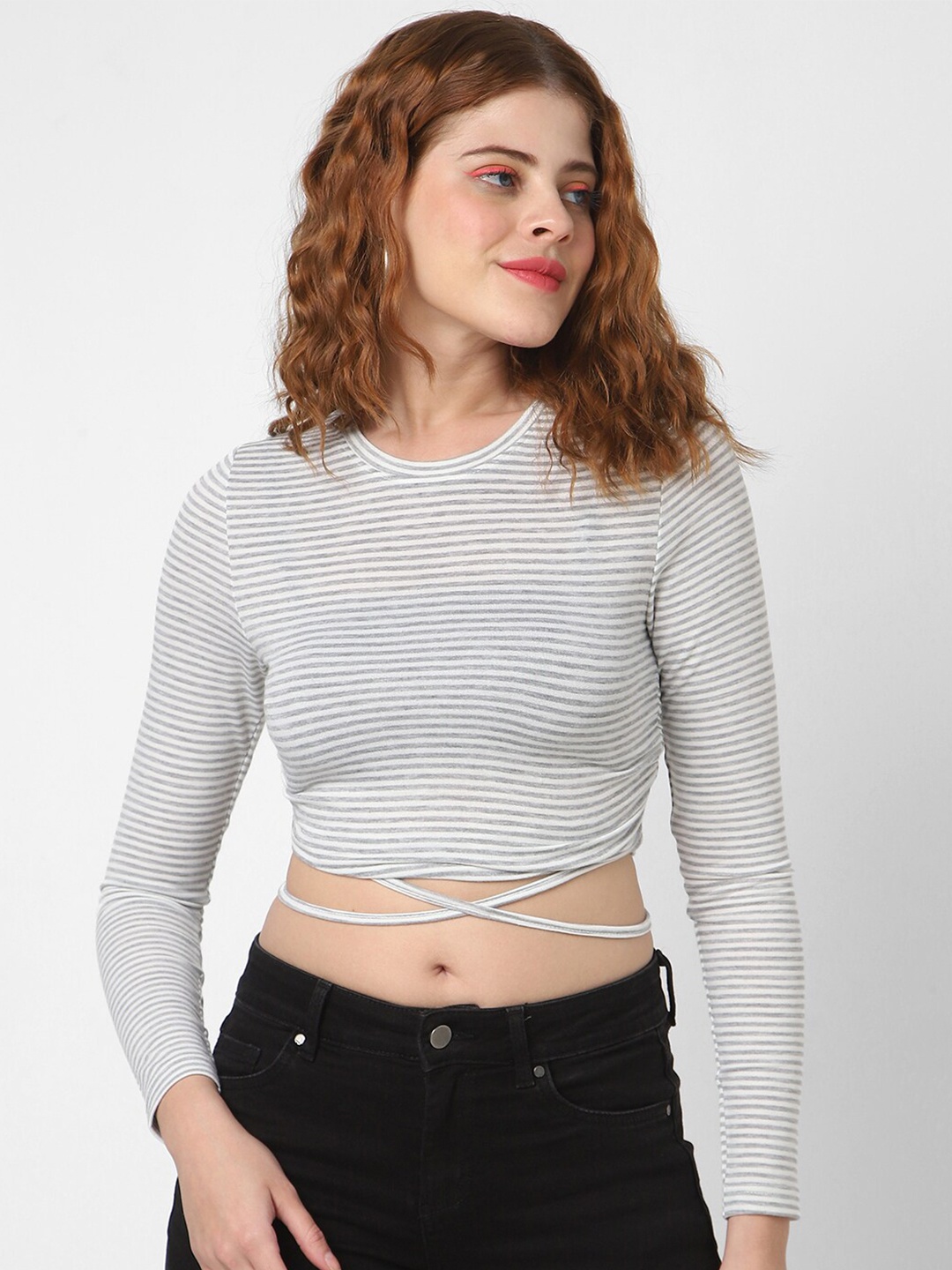 

VASTRADO Striped Long Sleeves Cotton Fitted Crop Top, Grey