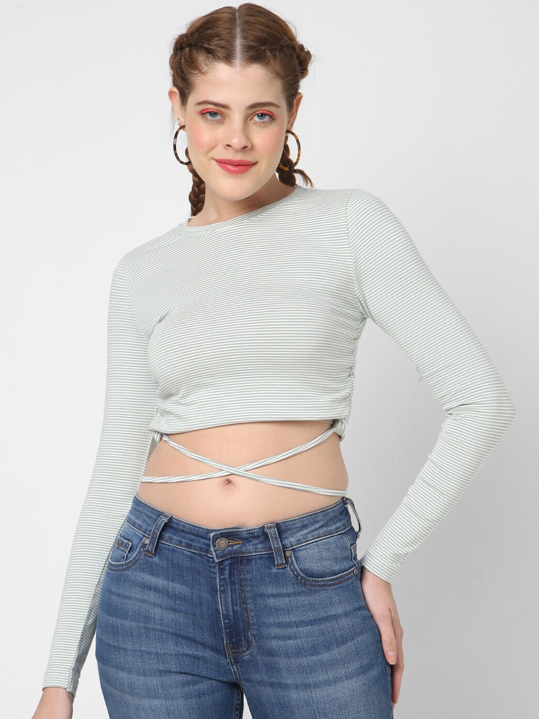 

VASTRADO Striped Round Neck Cotton Fitted Crop Top, Green