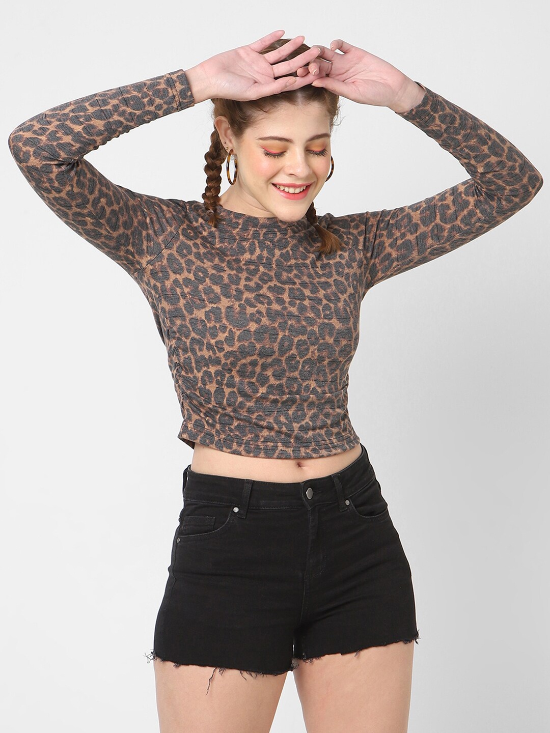 

VASTRADO Printed Round Neck Cotton Crop Top, Brown