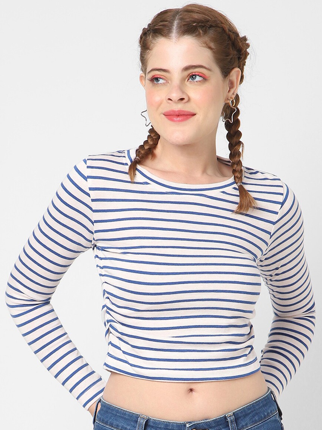 

VASTRADO Horizontal Striped Cotton Crop Top, Blue