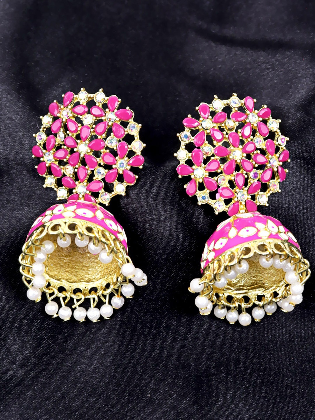 

Krelin Dome Shaped Artificial Stones & Beads Studded Jhumkas Earrings, Magenta