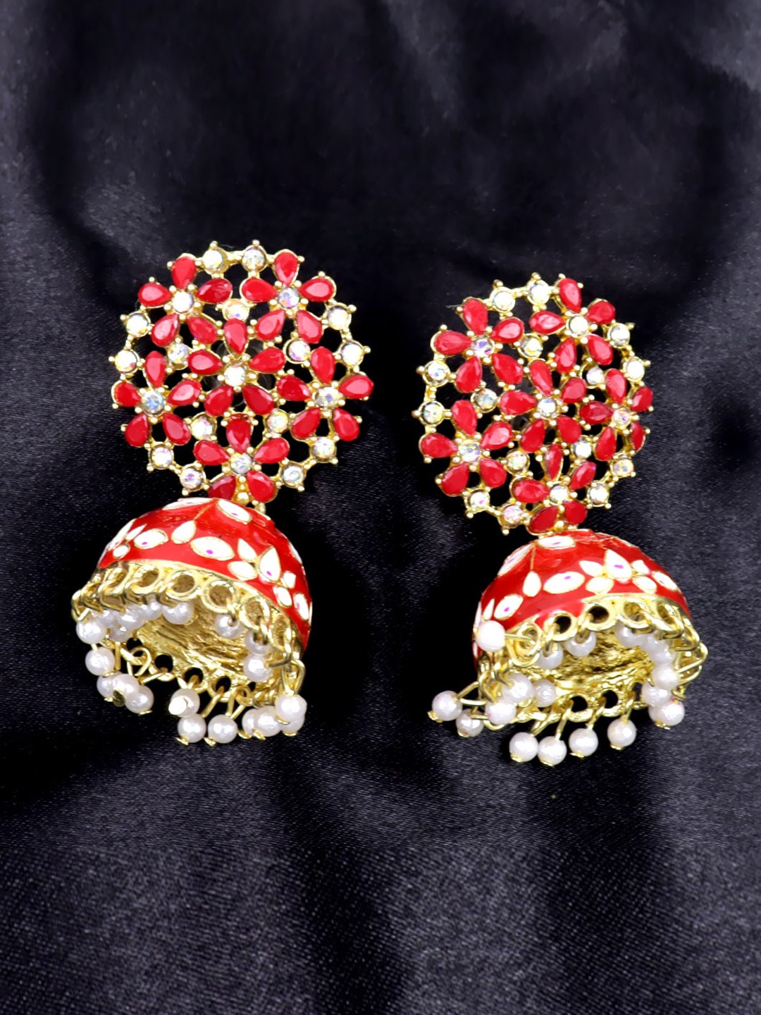 

Krelin Dome Shaped Artificial Stones & Beads Studded Jhumkas Earrings, Red