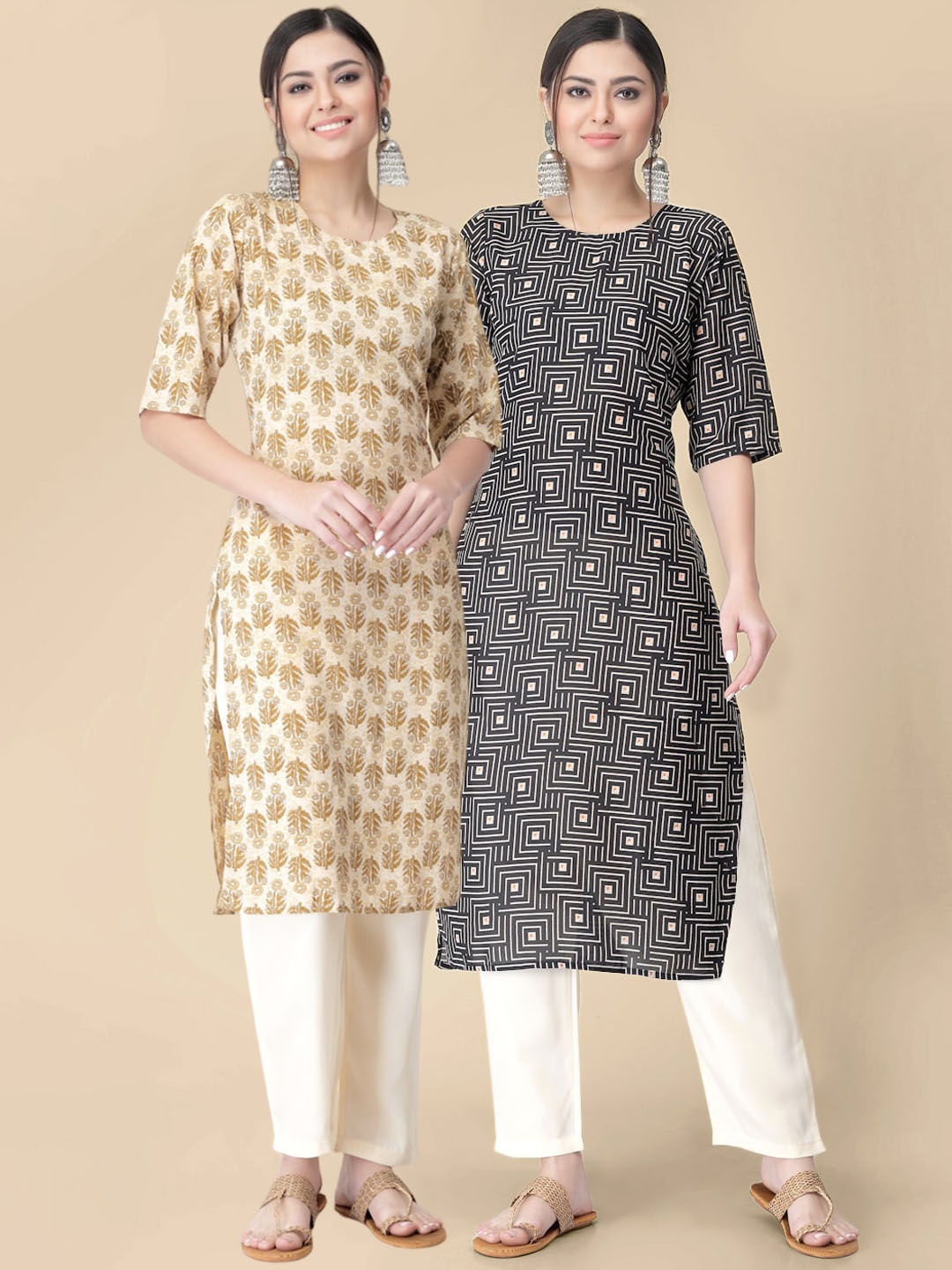 

7Threads Pack of 2 Geometric Printed Crepe Kurta, Mustard