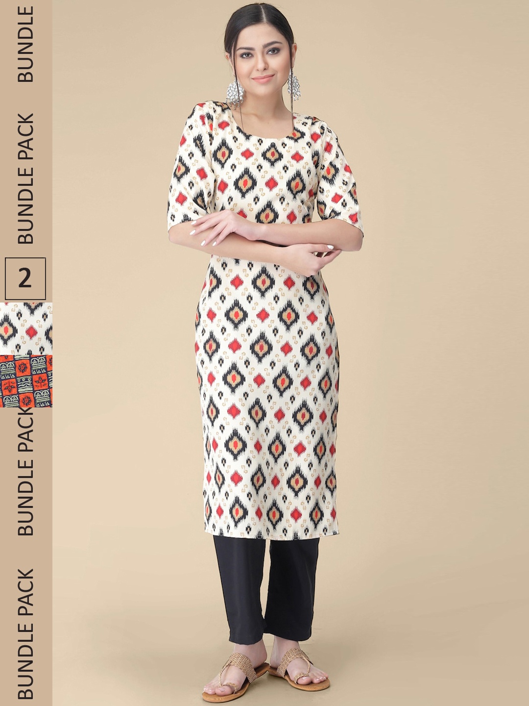 

7Threads Pack of 2 Geometric Printed Crepe Straight Kurtas, White